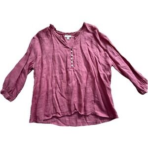 J. Jill Love Linen Ruffle Neck Button Front Popover Blouse Pink Size Small